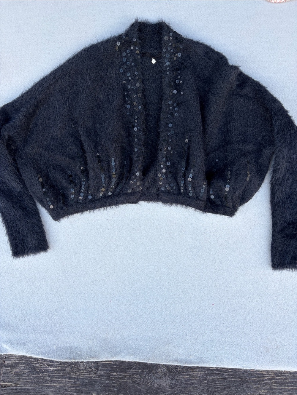 Black Sequin Mohair-Blend Cropped Cardigan